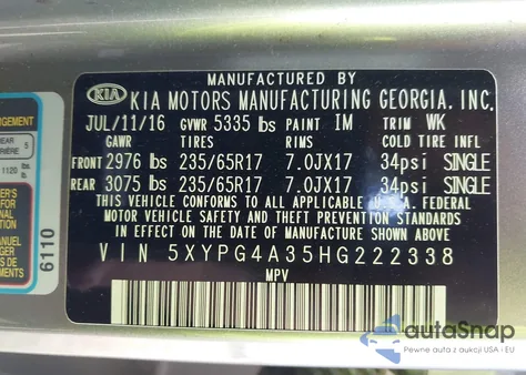 2017 Kia Sorento 2.4L Lx из США, поврежденный, VIN 5XYPG4A35HG222338